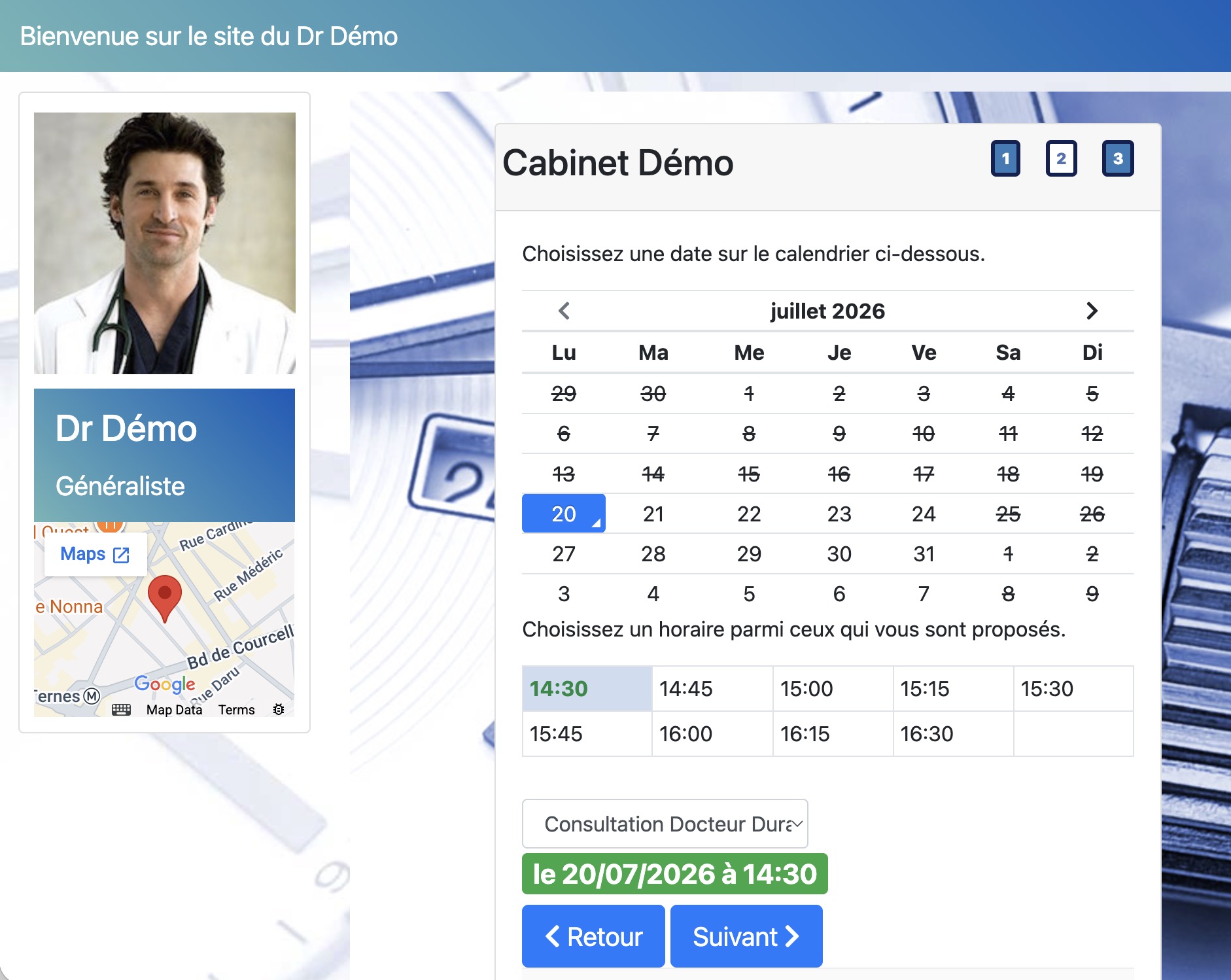 Le site d'un médecin avec son agenda en ligne : fiche du praticien, calendrier du mois, créneaux horaires et confirmation du rendez-vous.